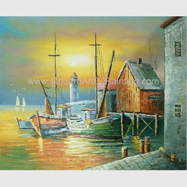 Porto della pittura a olio delle barche di Sailling, pittura moderna del paesaggio di tramonto